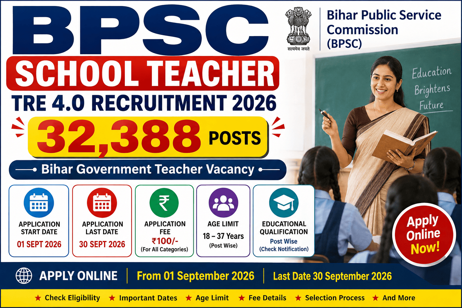 BPSC TRE 4.0 Recruitment 2026, Apply Online, 32,388 Posts